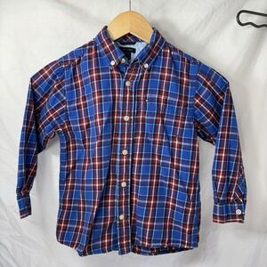 Tommy Hilfiger Boys Kids Sz 5 Shirt Long Sleeve Red White Blue Plaid Button Down